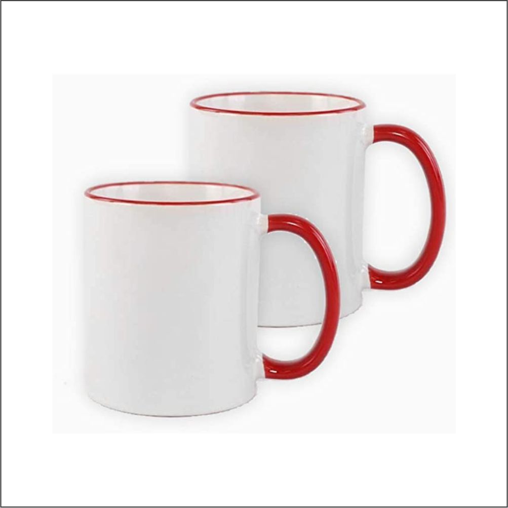 white sublimation mug with red handle and rim